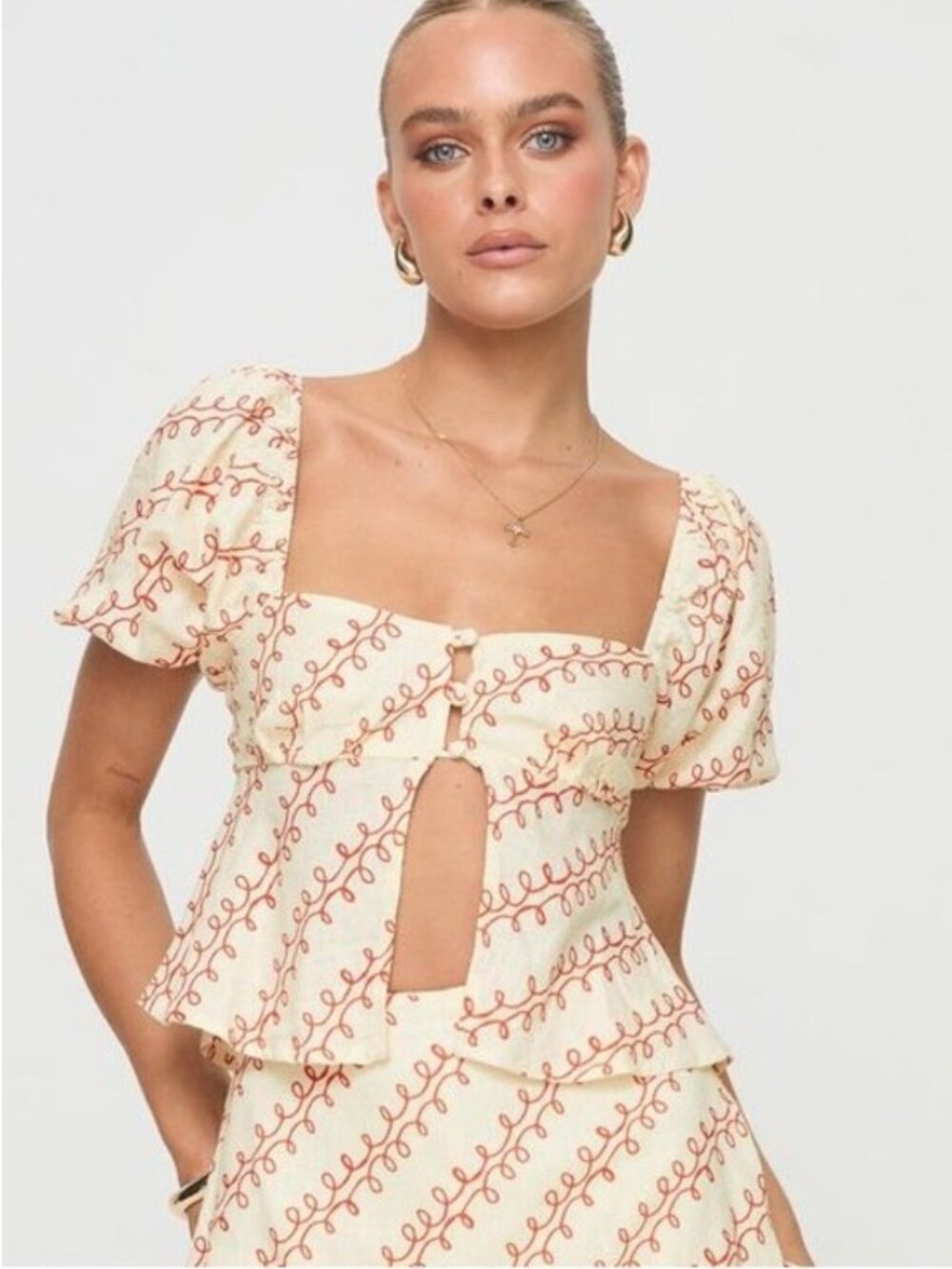 Princess Polly Linen Puff Sleeve Top Boho Feminine Button Front